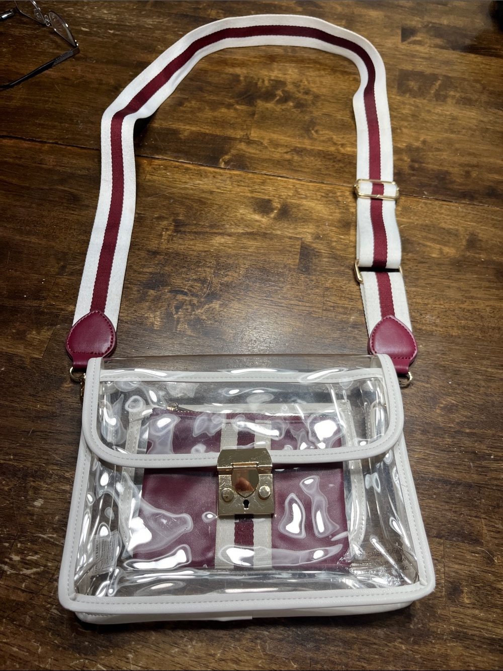Sheer Gear Clear Crossbody Bag with Burgundy and White Stripe and matching coin